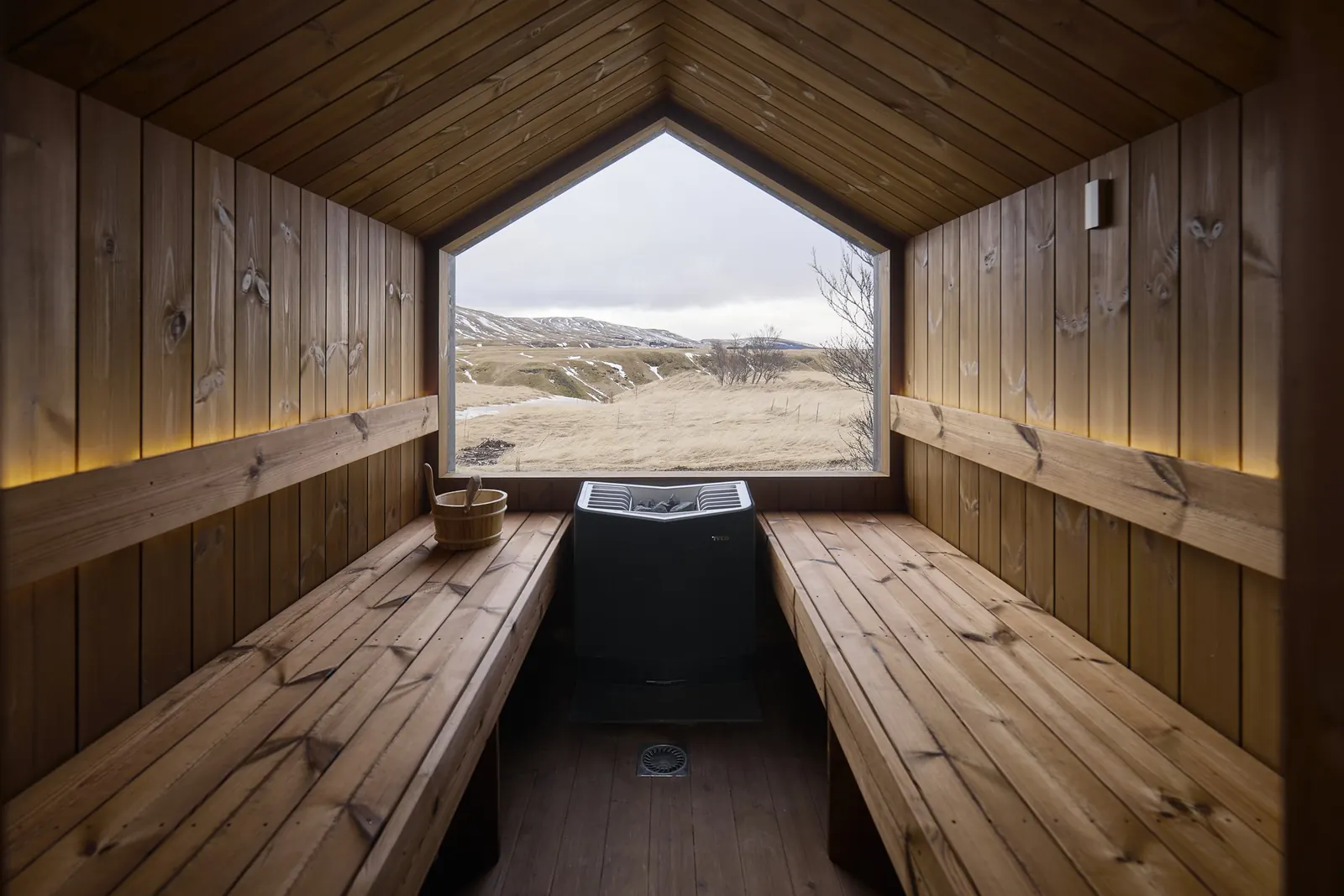 Inside the Tindasel sauna, looking out over the estate