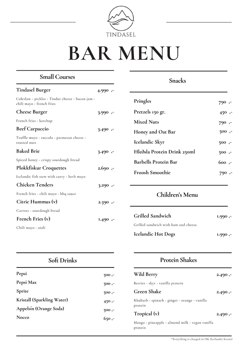 Tindasel bar menu: small courses, snacks, children's menu, soft drinks and protein shakes, with prices in ISK